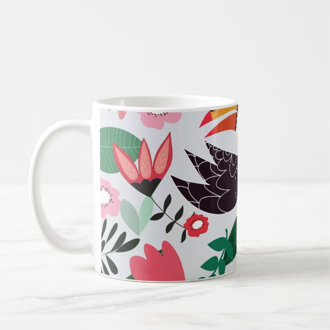 Tropische Vögel, Blumenmuster. Kaffeetasse (Links)