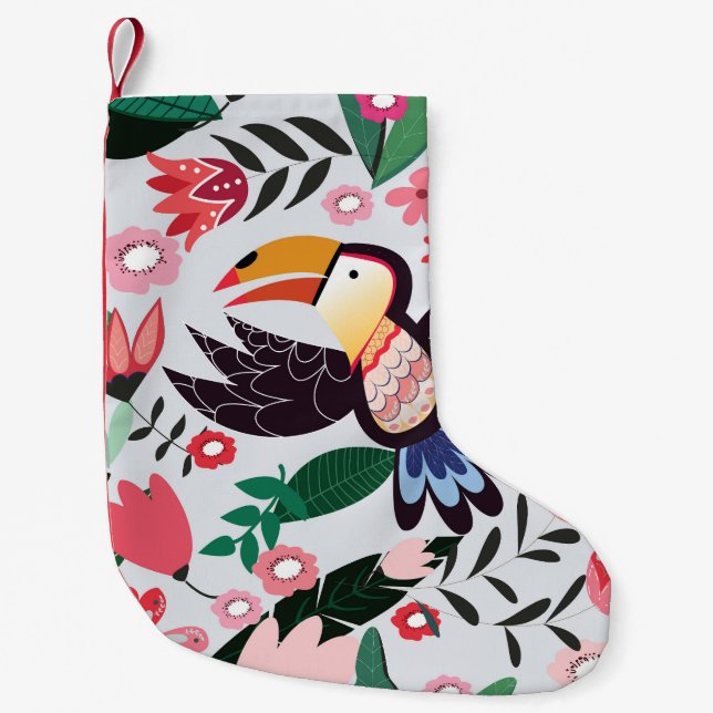 Tropische Vögel, Blumenmuster. Kleiner Weihnachtsstrumpf (Vorderseite)
