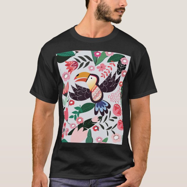 Tropische Vögel, Blumenmuster. T-Shirt (Vorderseite)