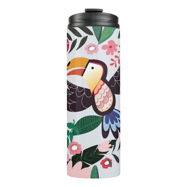 Tropische Vögel, Blumenmuster. Thermosbecher (Vorderseite)
