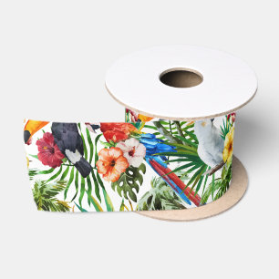 Tropische Vögel des Aquarells und Laubmuster Satinband