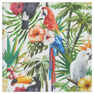 Tropische Vögel des Aquarells und Laubmuster Stoff