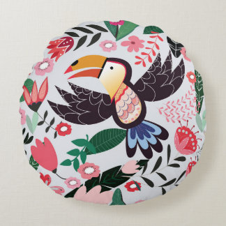 Tropische Vögel, florales Muster mit Doodles. Rundes Kissen