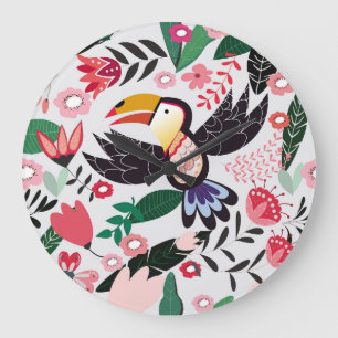 Tropische Vögel, florales Muster mit Gekritzel. Große Wanduhr