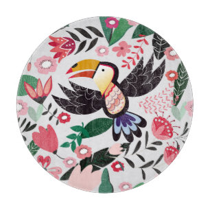 Tropische Vögel, florales Muster mit Gekritzel. Schneidebrett