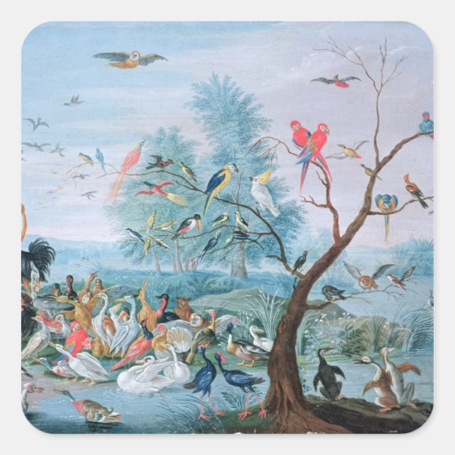 Tropische Vögel in einer Landschaft Quadratischer Aufkleber (Vorderseite)