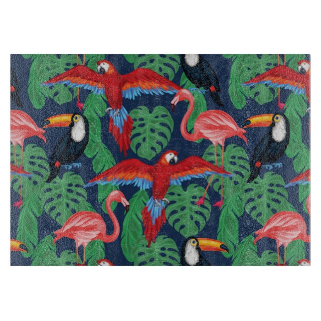 Tropische Vögel in hellen Farben Schneidebrett (Vorderseite)