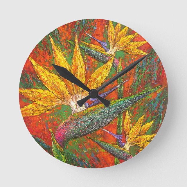 Tropische Vögel paradiesischer Blume Malerei Art Runde Wanduhr (Vorderseite)