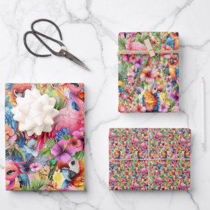Tropische Vögel und Blumen Geschenkpapier Set