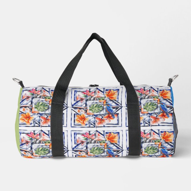 Tropische Vögel und Flora, Monogramm, Duffle Bag (Vorderseite)