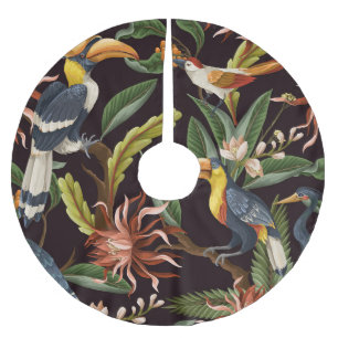 Tropische Vögel: Vintage Blätter & Blumen Polyester Weihnachtsbaumdecke
