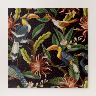 Tropische Vögel: Vintage-Blätter und Blumen Puzzle