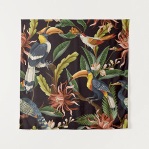 Tropische Vögel: Vintage-Blätter und Blumen Wandteppich