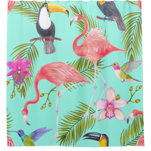 Tropische Vögel: Wasserfarbennahes Muster. Duschvorhang (Vorderseite)