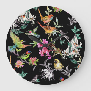 Tropische Vogelarten Blume: Wasserfarbmuster Große Wanduhr