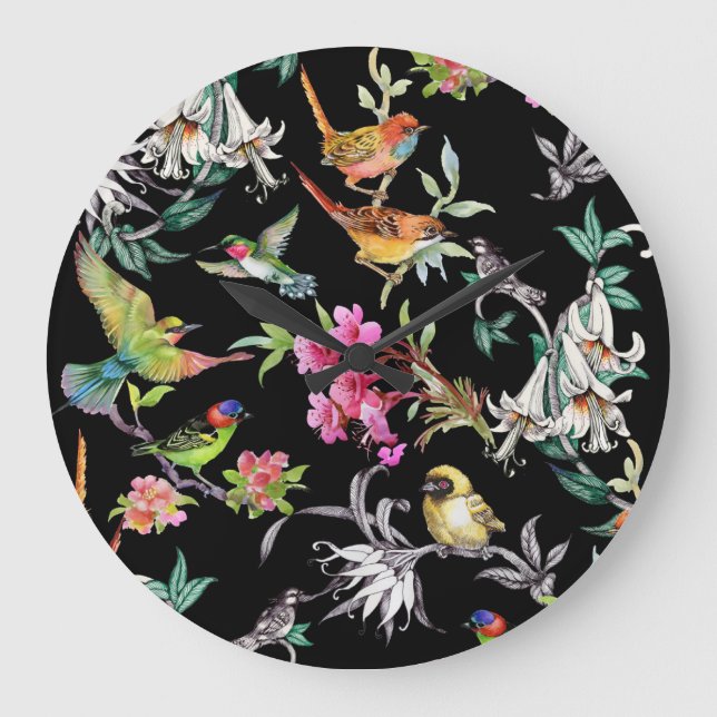 Tropische Vogelarten Blume: Wasserfarbmuster Große Wanduhr (Vorderseite)