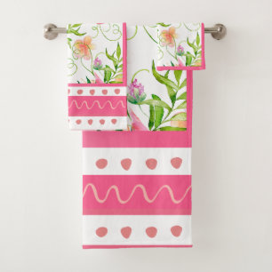Tropische Vogelarten Blume Zeitgenössische Rosa Sc Badhandtuch Set