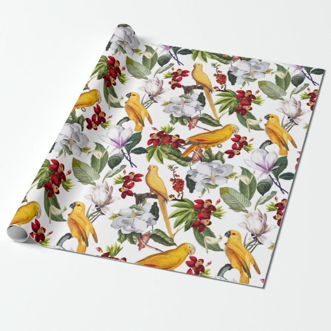 Tropische Vogelparrots Jungle Pattern - weiß Geschenkpapier (Ungerollt)