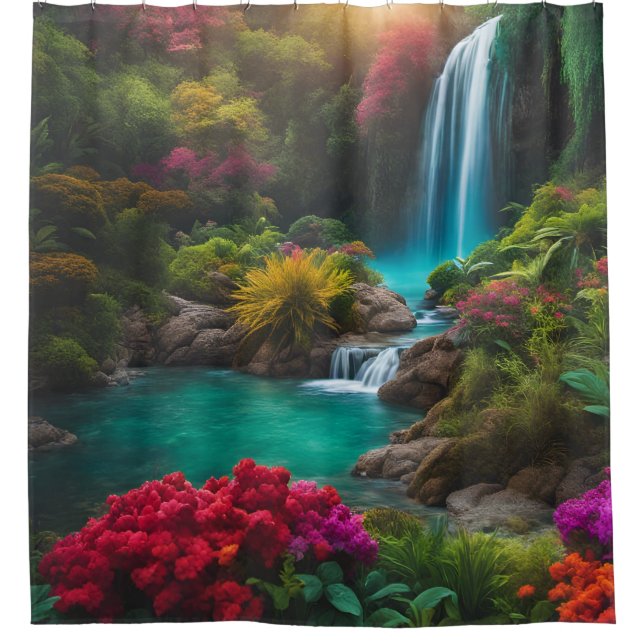"Tropische Wasserfall-Ruhe" Duschvorhang (Vorderseite)