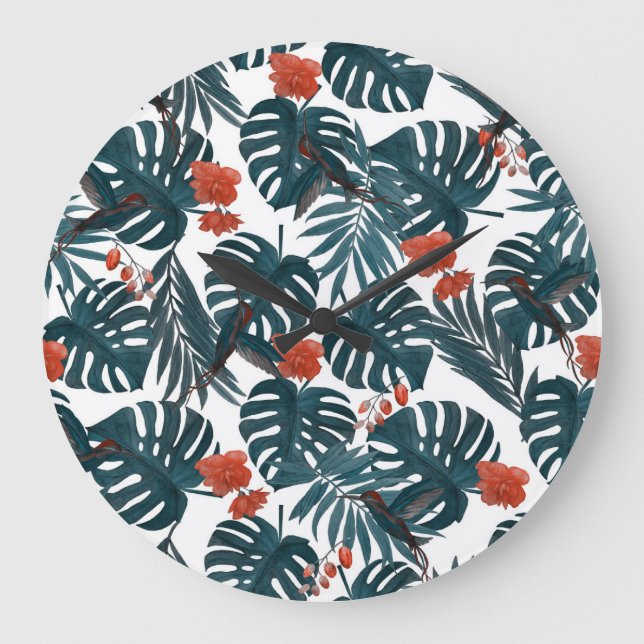 Tropische Wasserfarbe, Blätter, Blume, Kolibris Große Wanduhr (Vorderseite)