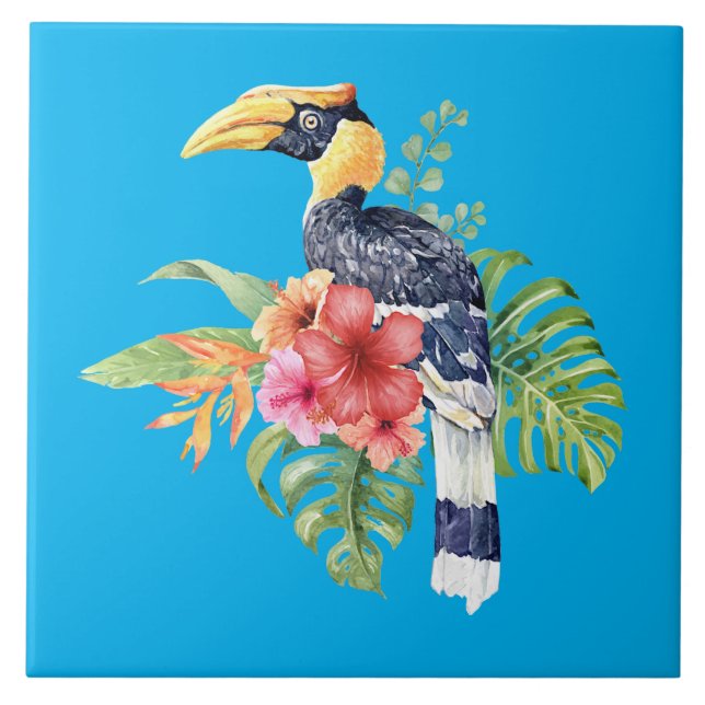 Tropische Wasserfarbe Großer Hornbill und Blume Fliese (Vorderseite)