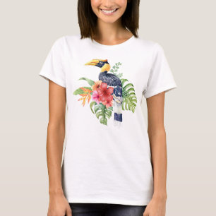 Tropische Wasserfarbe Großer Hornbill und Blume T-Shirt