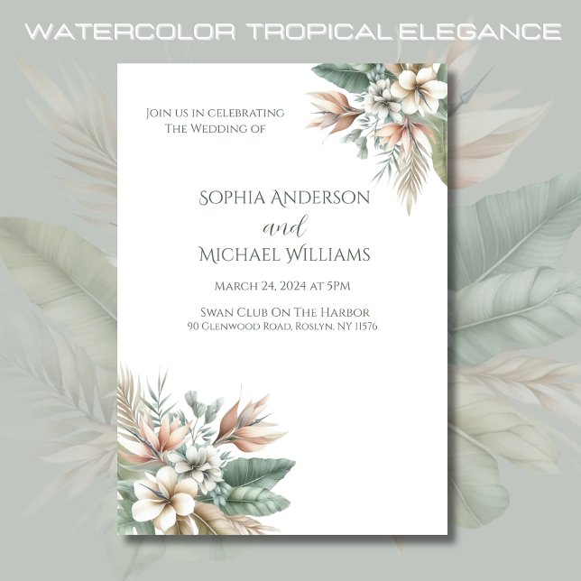 Tropische Wasserfarbe Hochzeitsfeier Einladung (Watercolor Tropical Elegance Wedding Collection- Sage Green and Peach)