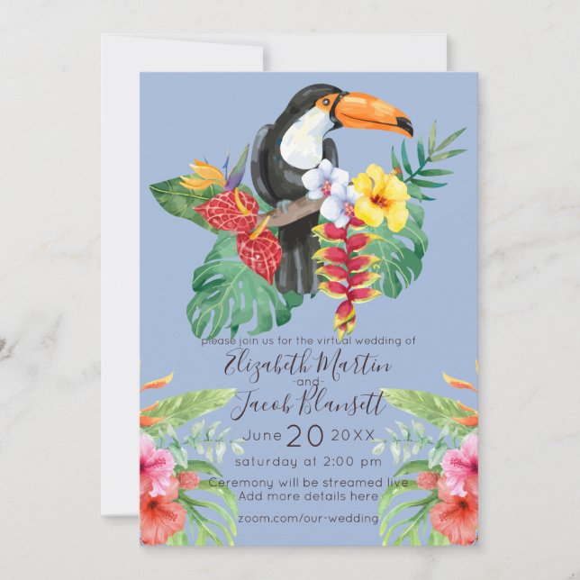 Tropische Wasserfarbe Toucan Virtual Wedding Einladung (Vorderseite)