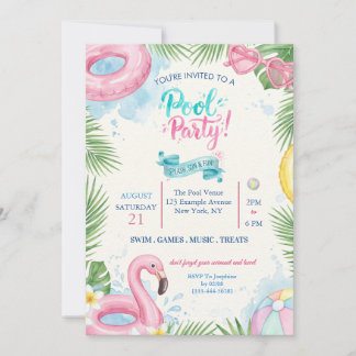 Tropische Wasserfarben-Flamingo-Poolparty-Einladun Einladung