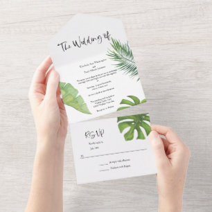 Tropische Wasserfarben-Hochzeitseinladung in einem All In One Einladung