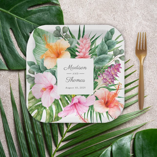 Tropische Wasserfarben mit Namen Pappteller (A tropical paper plate design to celebrate the bride and groom.)