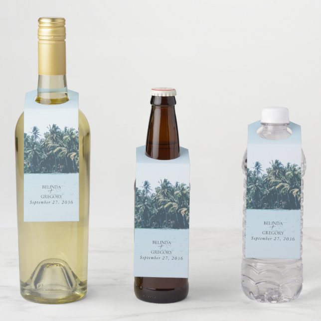 Tropische Wasserfarbenpalmen und Hochzeiten am Str Flaschenanhänger (Beispiel)