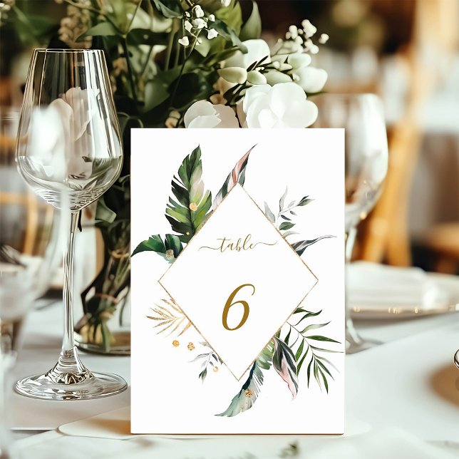 Tropische Watercolor Foliage Gold Frame Wedding Tischnummer (Von Creator hochgeladen)