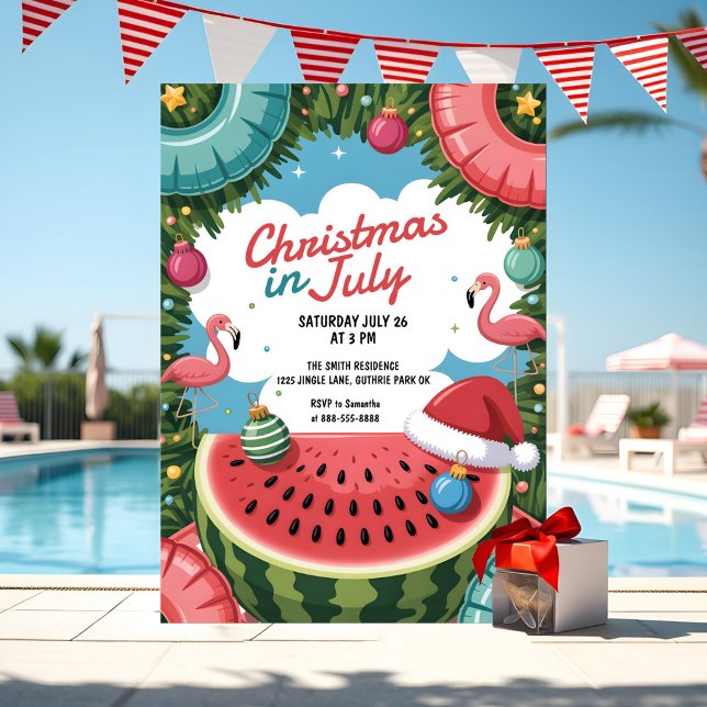 Tropische Weihnachten im Juli Pool Party Flamingo Einladung (Tropical Christmas in July invite with flamingos, watermelon & pool vibes in coral and aqua.)