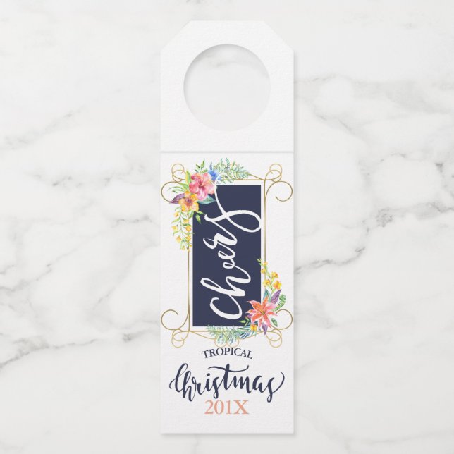 Tropische Weihnachtsgeburten-Blume Typografie & Ra Flaschenanhänger (Vorderseite)