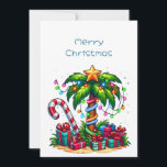 Tropische Weihnachtspalme Feiertagskarte<br><div class="desc">Eine flache Weihnachtskarte mit einem saisonalen Urlaubsbild. Eine tropische Palme,  die mit festlichen Lichtern dekoriert ist und auf der ein Stern steht. Ein riesiger,  rot-weißer Bonbons,  der aus dem Sand ragt. Weihnachten präsentiert sich unter dem Baum. Whimsical und lustig.</div>