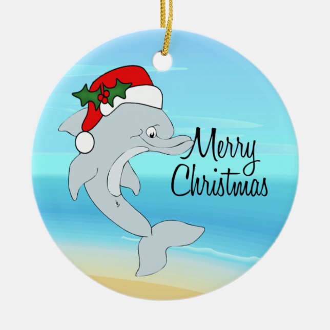 Tropische Weihnachtsverzierung Delphin-Sankt Keramikornament (Vorne)