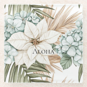 Tropische Weiße Blaue Blumen Hochzeit Glasuntersetzer