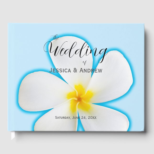 Tropische, weiße Plumeria auf blau, blumenreich, H Gästebuch (Vorderseite)