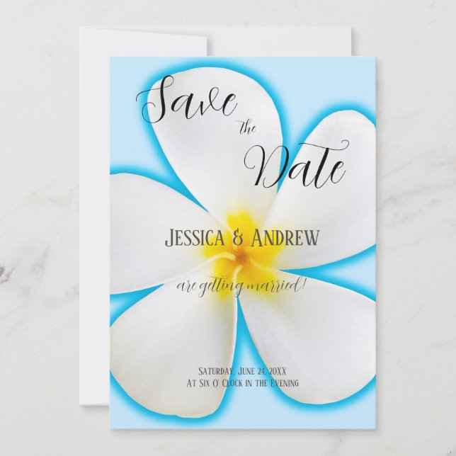 Tropische, weiße Plumeria auf blau, blumenreich, H Save The Date (Vorderseite)