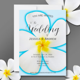 Tropische, weiße Plumeria auf blau, blumenreiche H Einladung