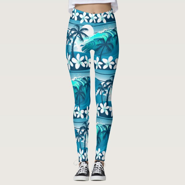 Tropische Welle mit Palmen Leggings (Vorderseite)