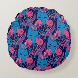 Tropische Wildblumen Blau Rosa Moderne Exotik Rundes Kissen