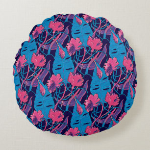 Tropische Wildblumen Blau Rosa Moderne Exotik Rundes Kissen