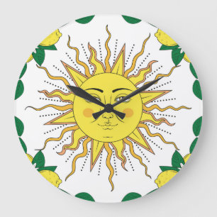 Tropische Zitronenfrüchte, Sonnen-Gesicht. Große Wanduhr
