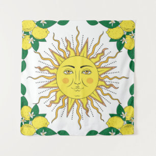 Tropische Zitronenfrüchte, Sonnengesicht. Wandteppich