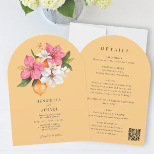 tropische Zitrus-Rosa-Bogen-Hochzeit alles in eine Einladung