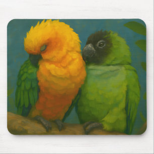 Tropische Zuneigung - Papageien im Waldlicht Mousepad
