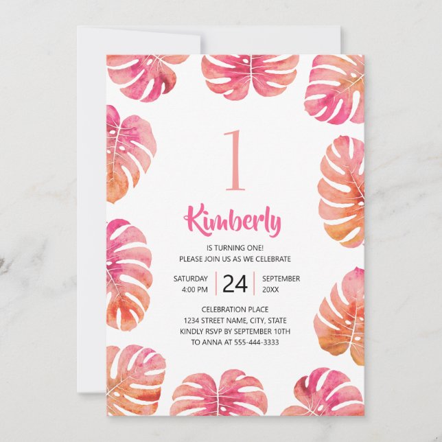 Tropischer 1. Geburtstag Party Pink Summer Beach Einladung (Vorderseite)