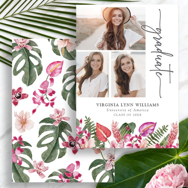 Tropischer Abschluss Ankündigung (Tropical Watercolor Floral Graduation Announcement Photo Collage by Painted Paperie
)